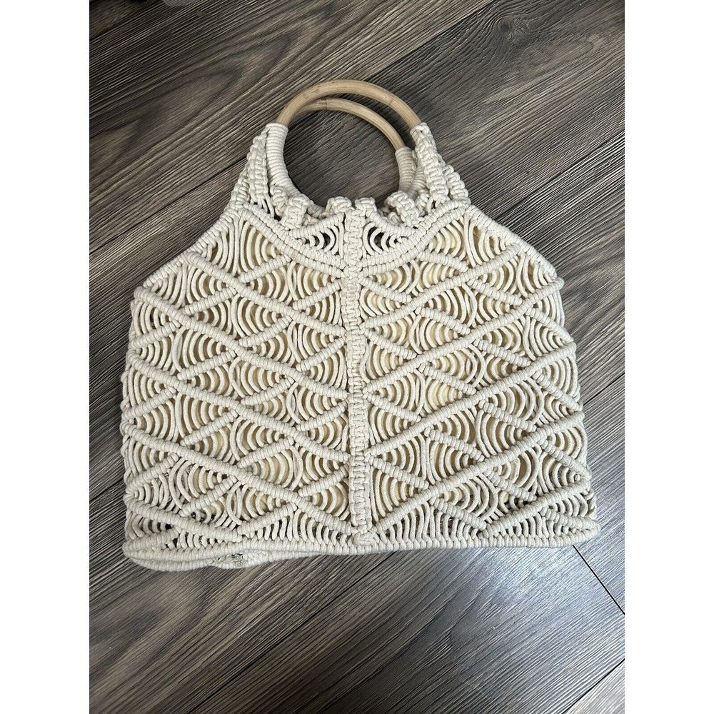 New Wooden Handle Macrame Purse Ivory Color BOHO By Beaurer Collection